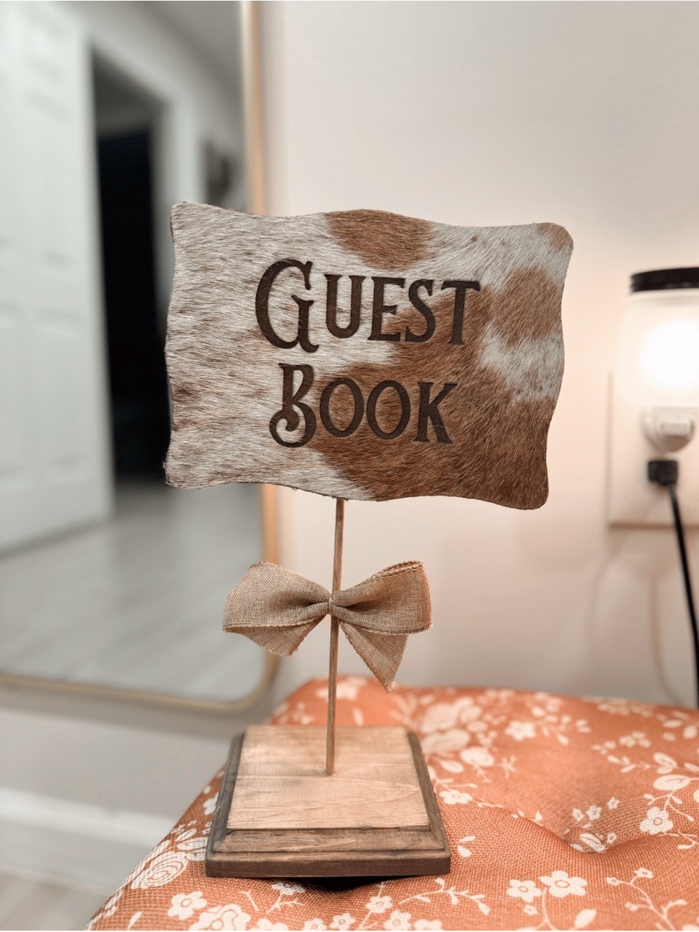 Rustic Brown Cowhide 'Guest Book' standing Sign with Burlap Bow